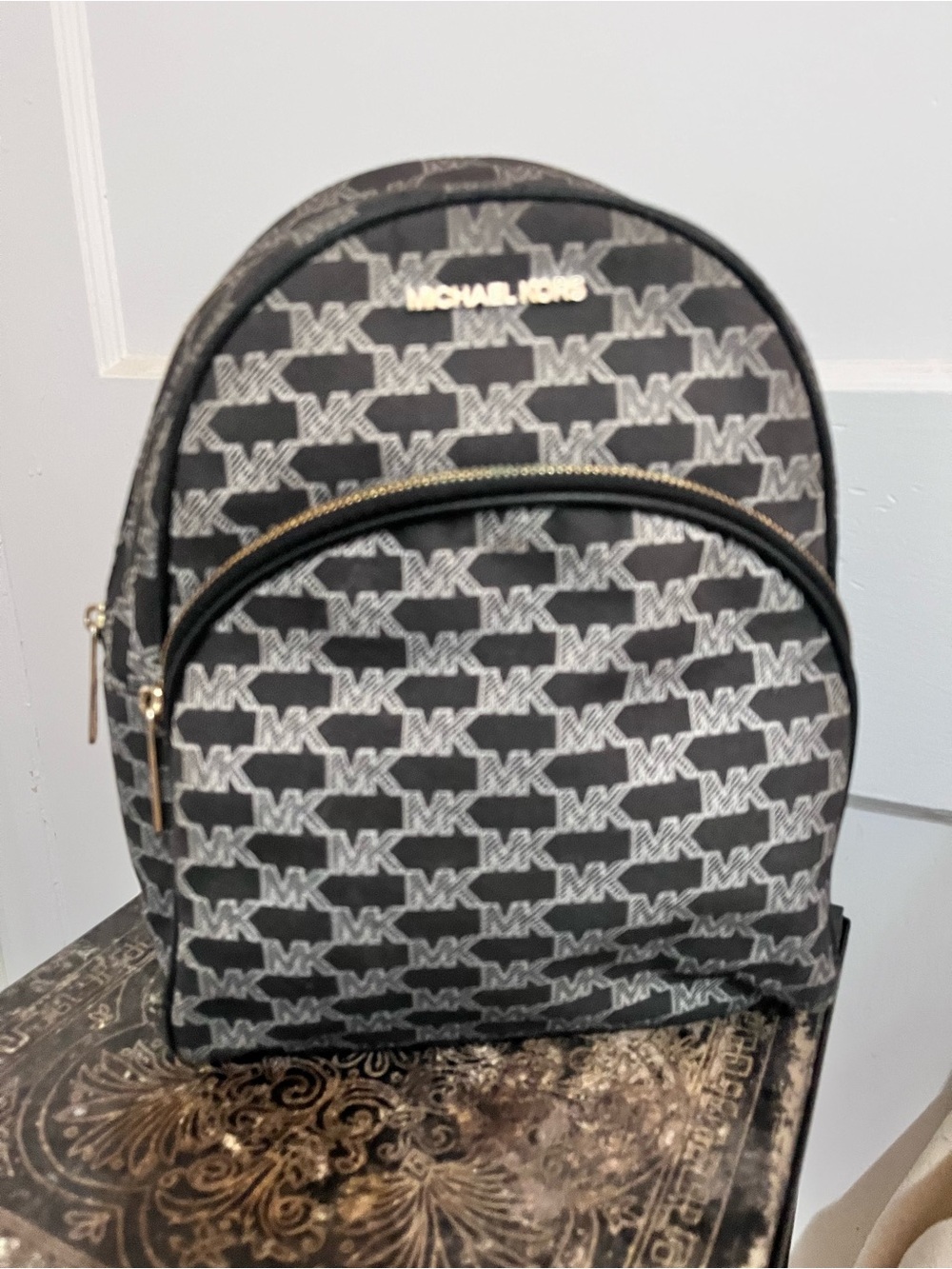 Marc Jacobs Black and Gray Logo Backpack with Gold Hardware